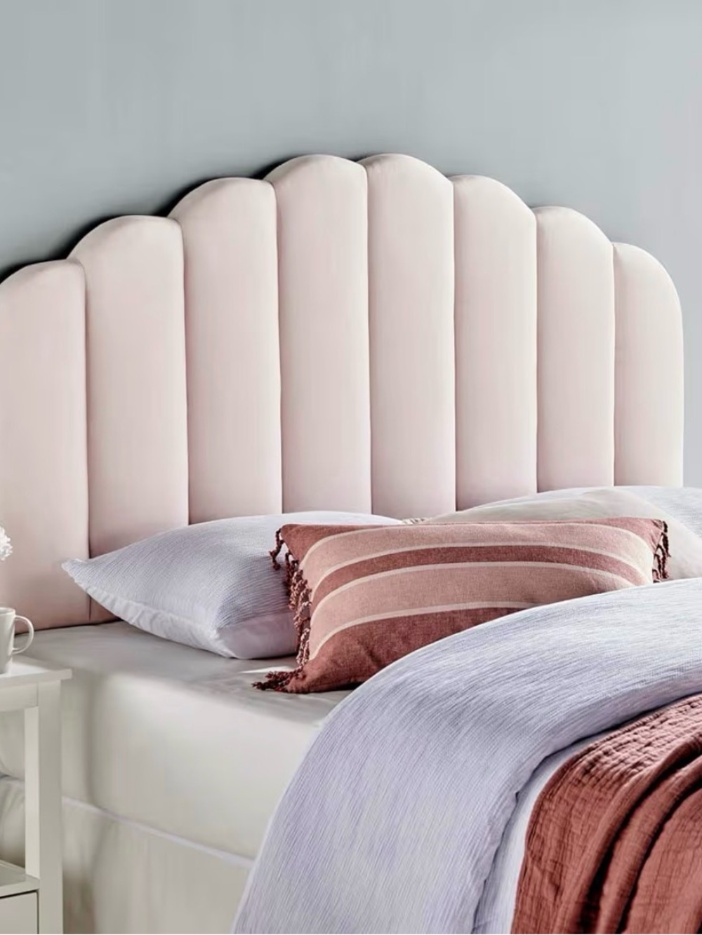 Scalloped Upholstered Headboard in Blush Pink